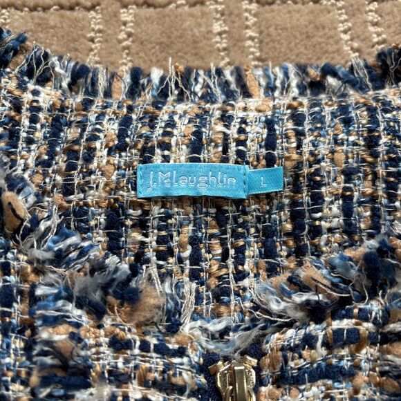 J. McLaughlin Tweed Coat Jacket Women's L Blue Tan Zip Up Preppy Frayed Trim - Picture 4 of 8
